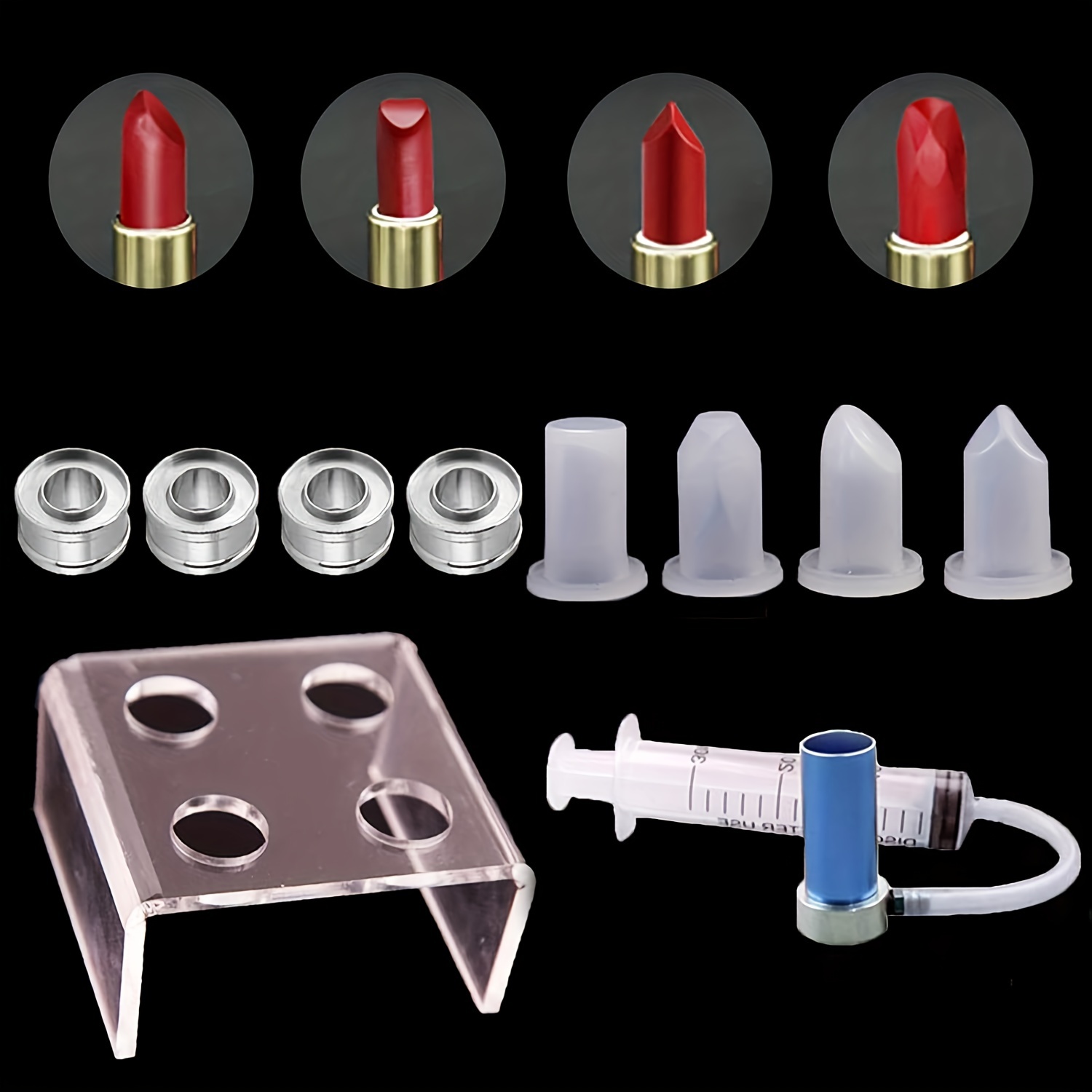 

4 Holes Simple Design Diy Makeup Cosmetics Lipstick Mould Silicone Mold Making Tool Set With Lipstick Demoulder (bird Beak-shape + Heart-shape + Diamond-shaped + Double-beveled)