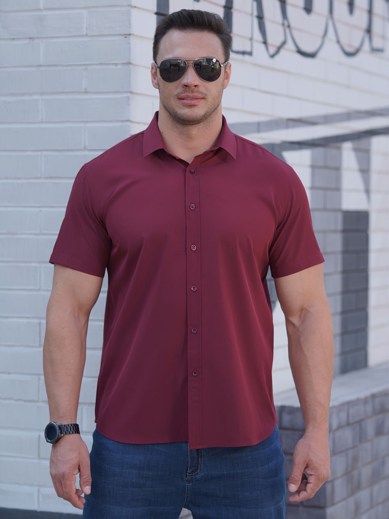Mens Short Sleeve Solid Dress Shirt Slim Fit Button Down Casual T Shirt  Blouse