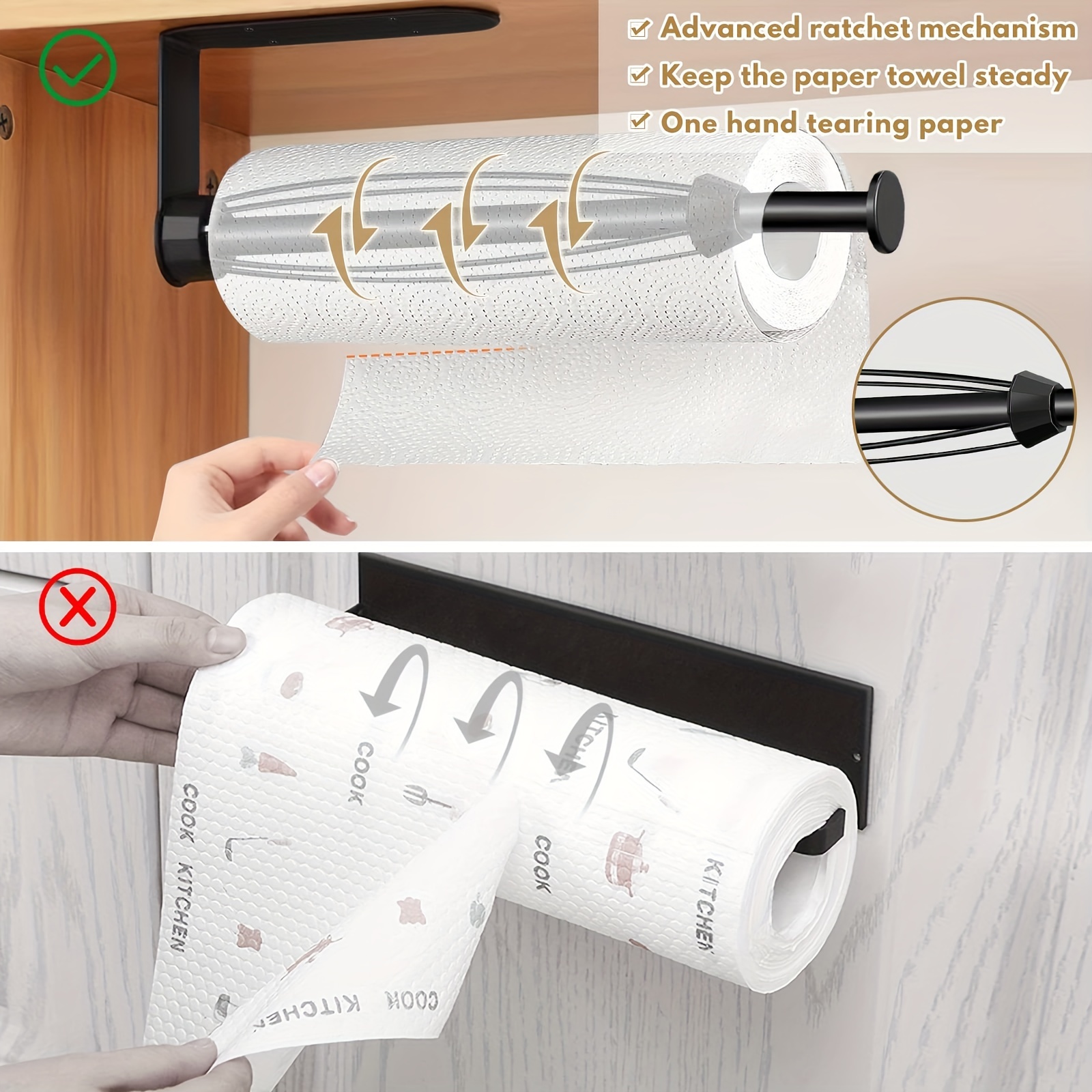 Paper Towel Holder Under Cabinet, Single Hand Operable Wall Mount Paper  Towel Holder With Damping Effect, Self-adhesive Or Drilled For Kitchen  Bathroom, Black - Temu