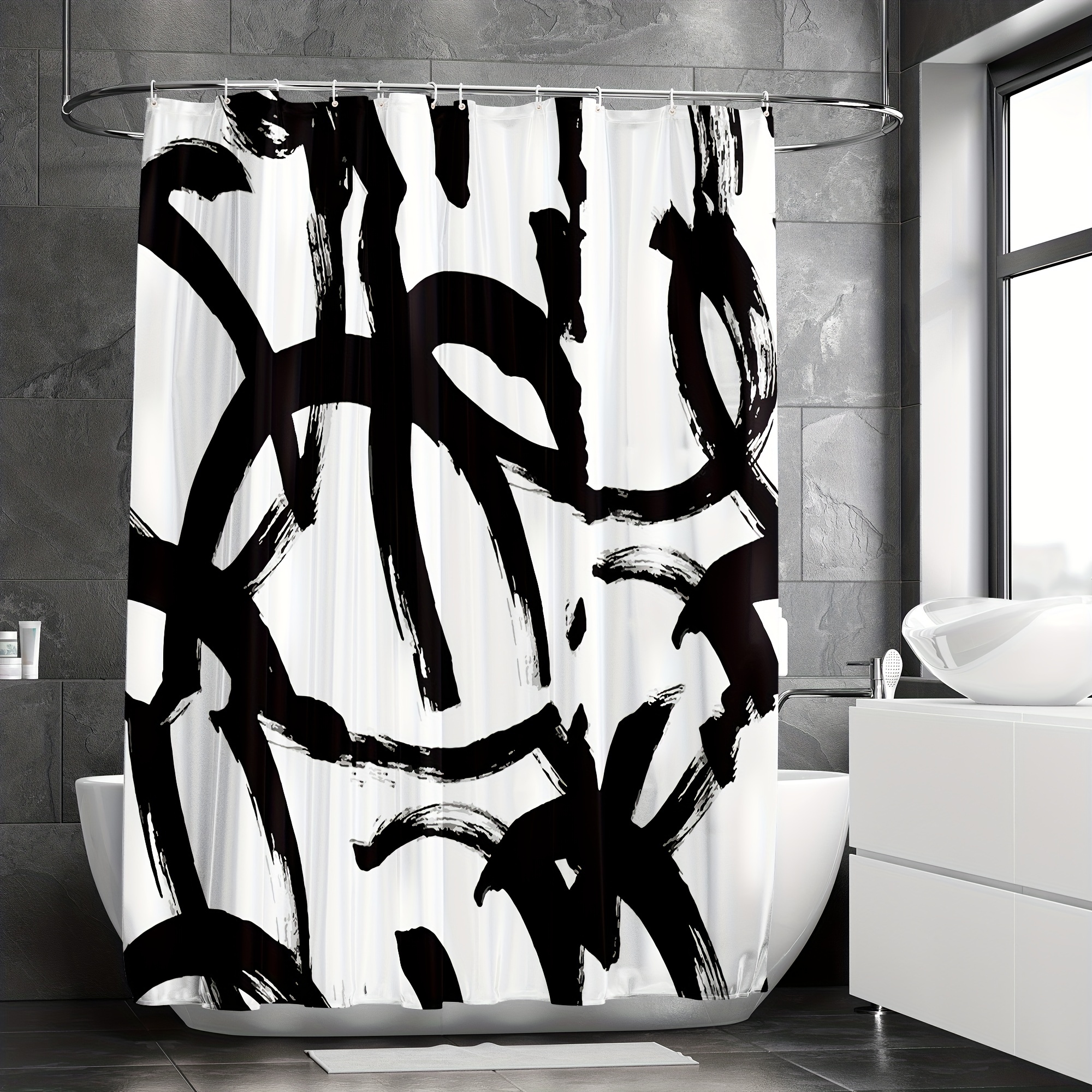 1pc Modern Art Line Shower Curtain, Black And White Abstract Art Waterproof  Shower Curtain For Guest Bedroom Bathroom Farmhouse Apartment Hotel, RV Gi