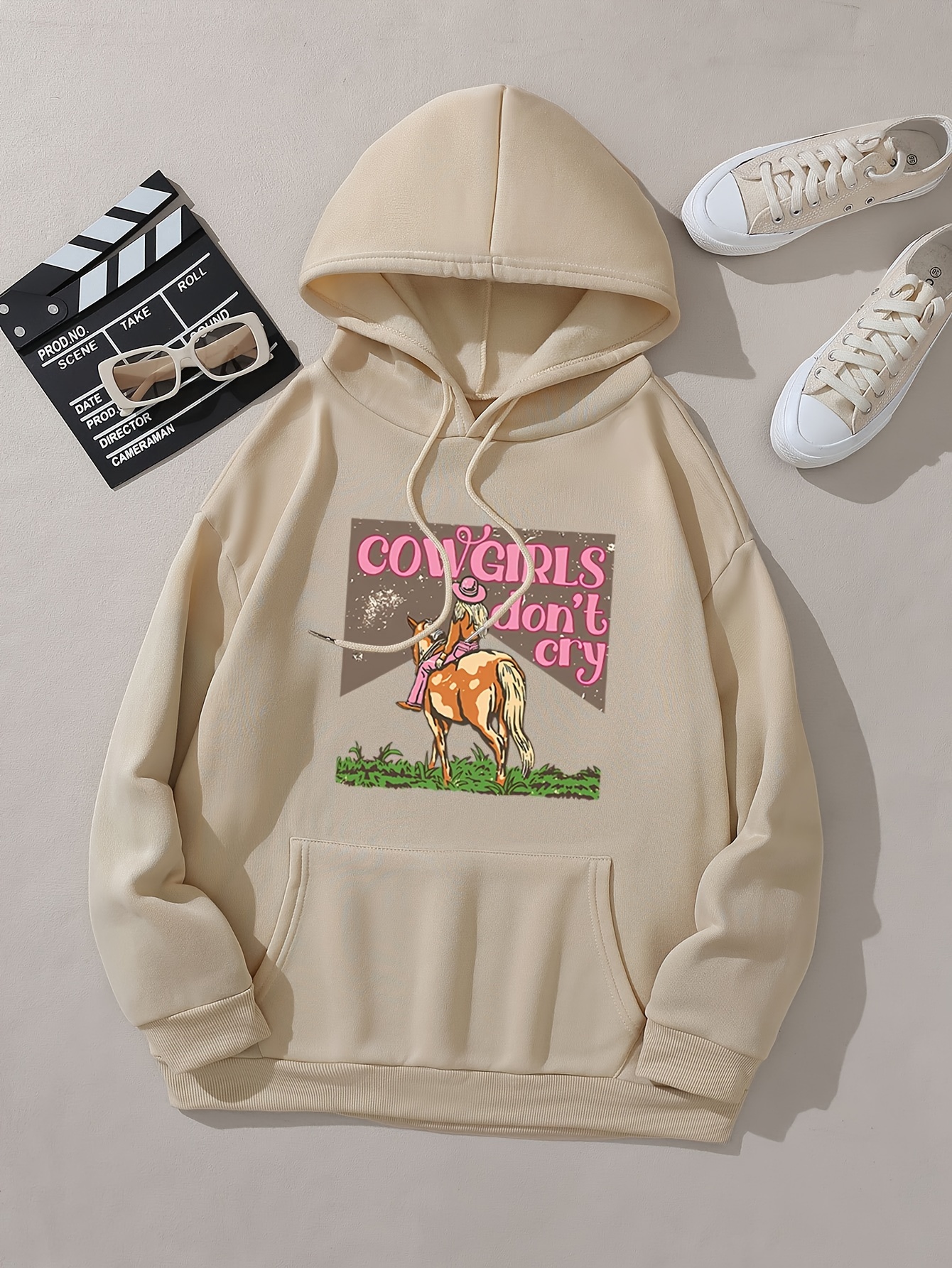 Cowboy Print Hoodie, Casual Pocket Long Sleeve Drawstring Hoodies