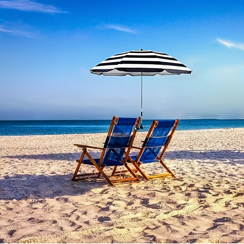 Silla de playa con parasol azul y gris