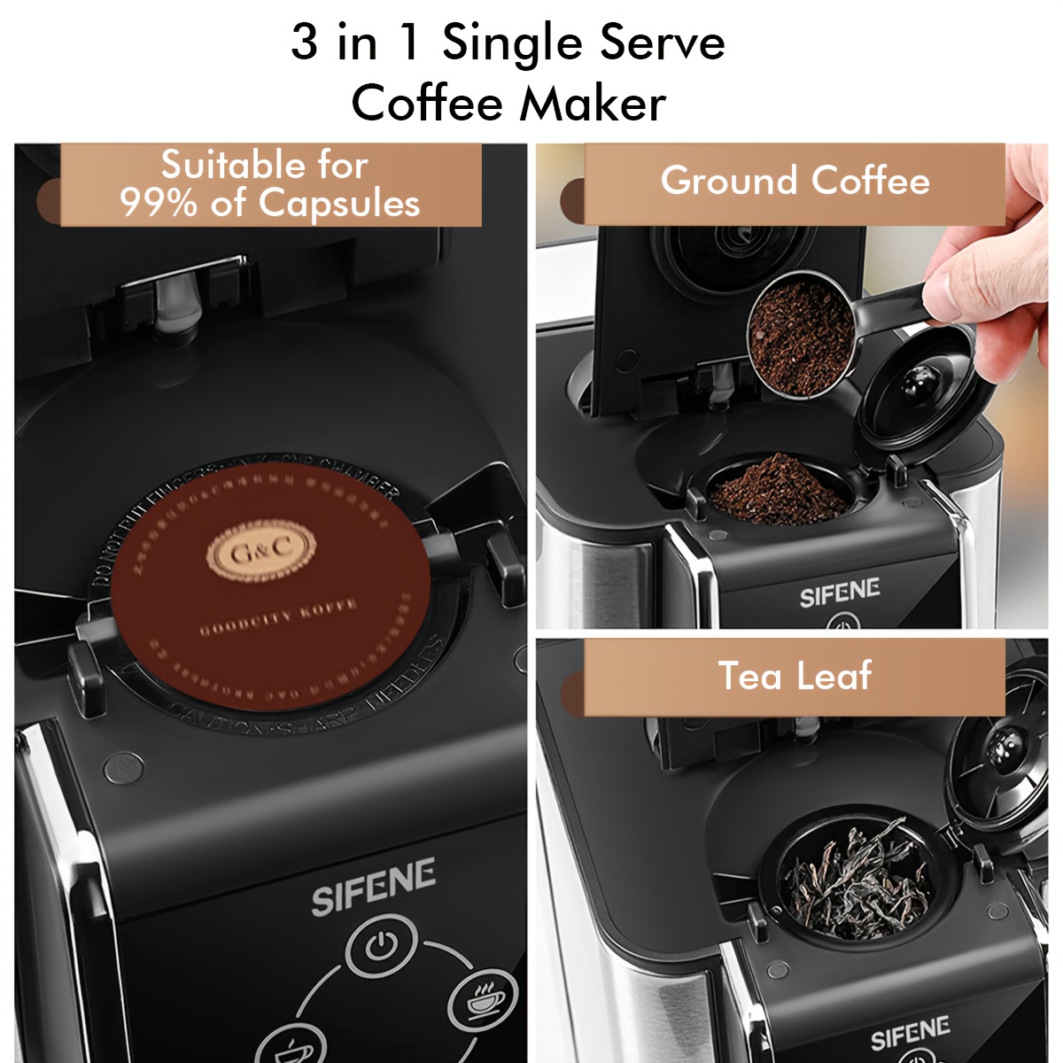  Cafetera de cápsulas 3 en 1, cafetera de una sola porción para  cápsulas de café, café molido y té suelto, tamaños de preparación de 6 a 12  onzas, tanque extraíble de