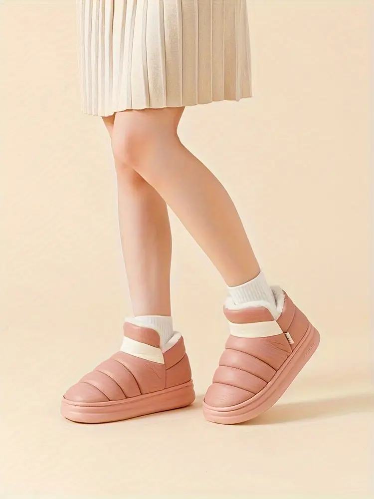 waterproof outsole plush lined slippers solid color slip on soft sole high winter indoor outdoor slippers details 3