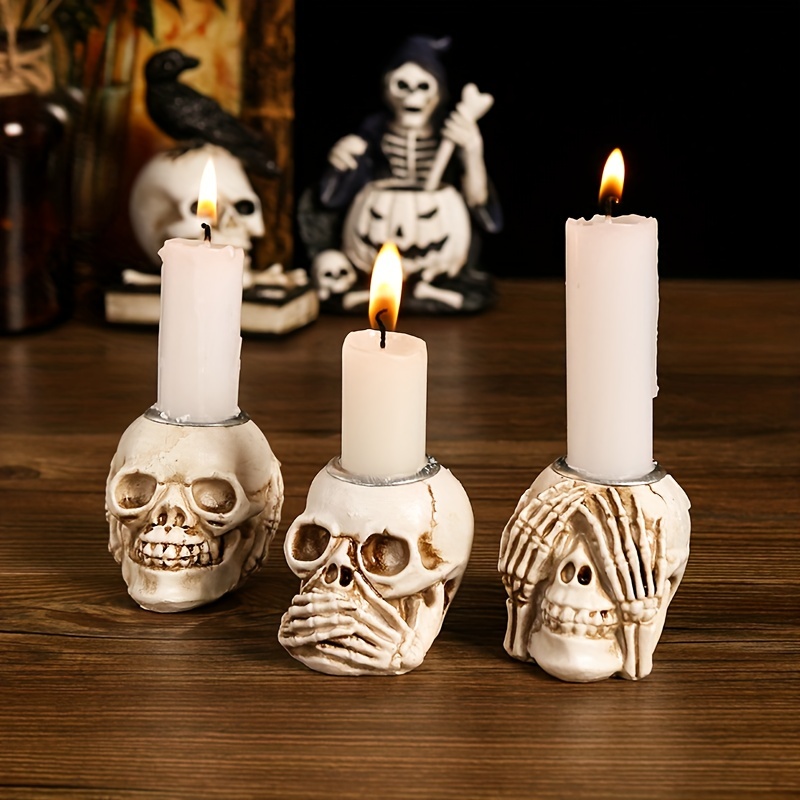 VICDUEKG 2 Pcs Skull Candle Holder Skeleton Candlestick Holders Spooky Tealight Cup Gothic Decor Resin Candlestick Crafts for Halloween Christmas