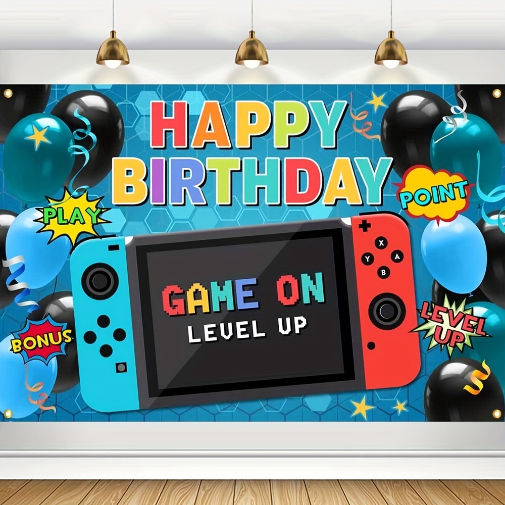 Video Game Happy Birthday Backdrop, Game On Birthday Party Backdrop Banner,  Level Up Gaming Theme Party Background, Photo Props, Video Game Party Wall Decorations  Supplies (blue), Party Decorations Supplies, Party Bunner 