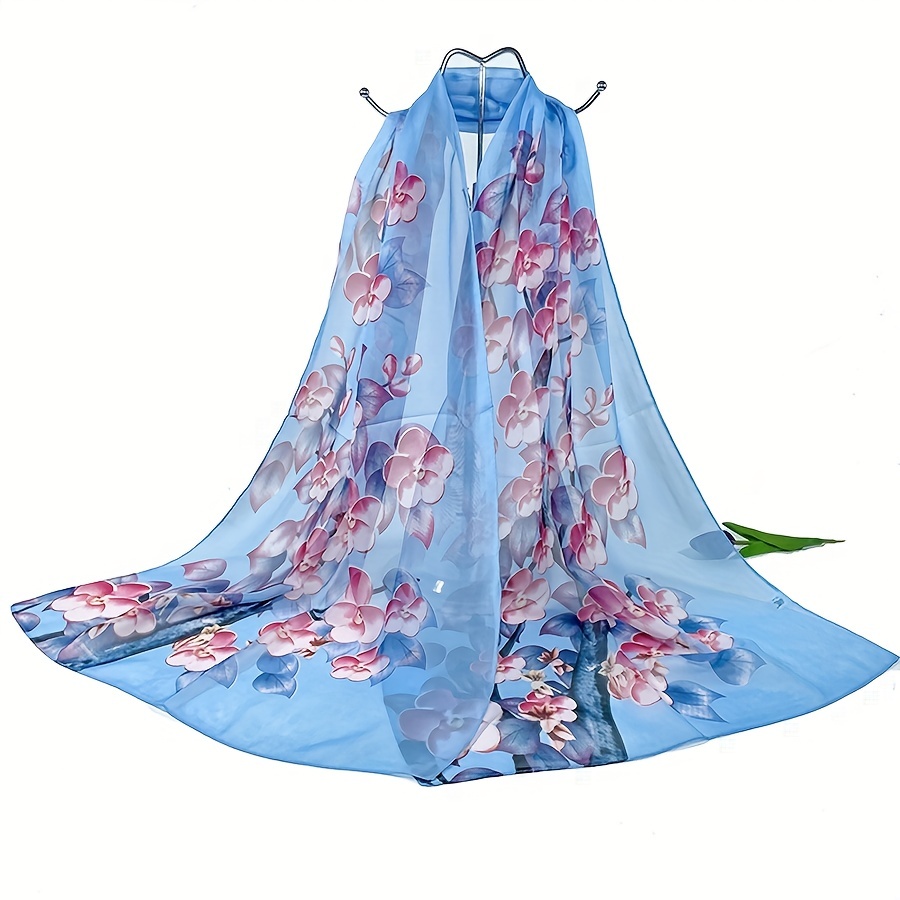 Chiffon Flower Print Scarf Silk Shawl Casual Windproof Head Wrap