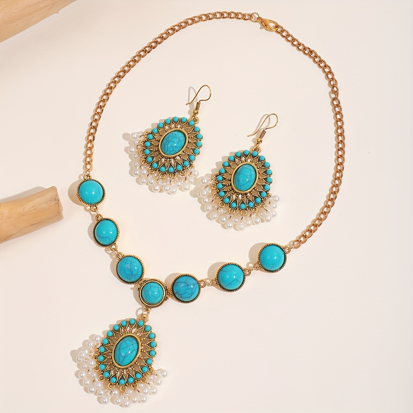 1 pair of earrings 1 necklace 1 ring 1 pair of earrings 1 necklace boho style jewelry set plated inlaid natural turquoise match daily outfits gift for her details 5