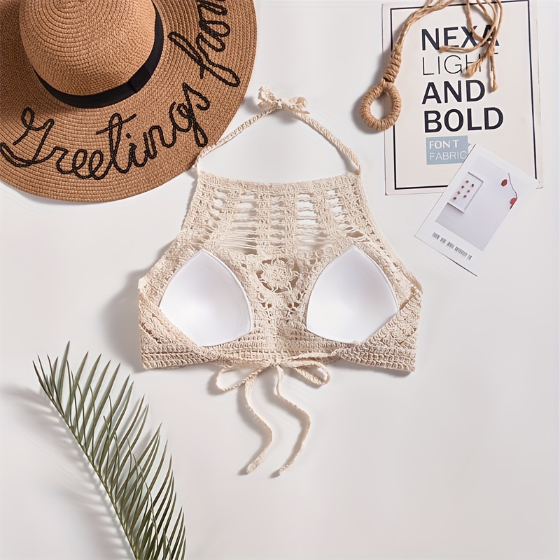 Bohemian Ethnic Women's Swimsuit Top - Lace-Up Halterneck with Chest Cut-Outs, Geometric Embroidery & Adjustable Suspender Straps, Non-Removable Padded Cups, Hand Wash Only, Beachwear Fashion, Laceup Detailing, Intricate Embroidery, Stylish Swimwear, Summer Travelers