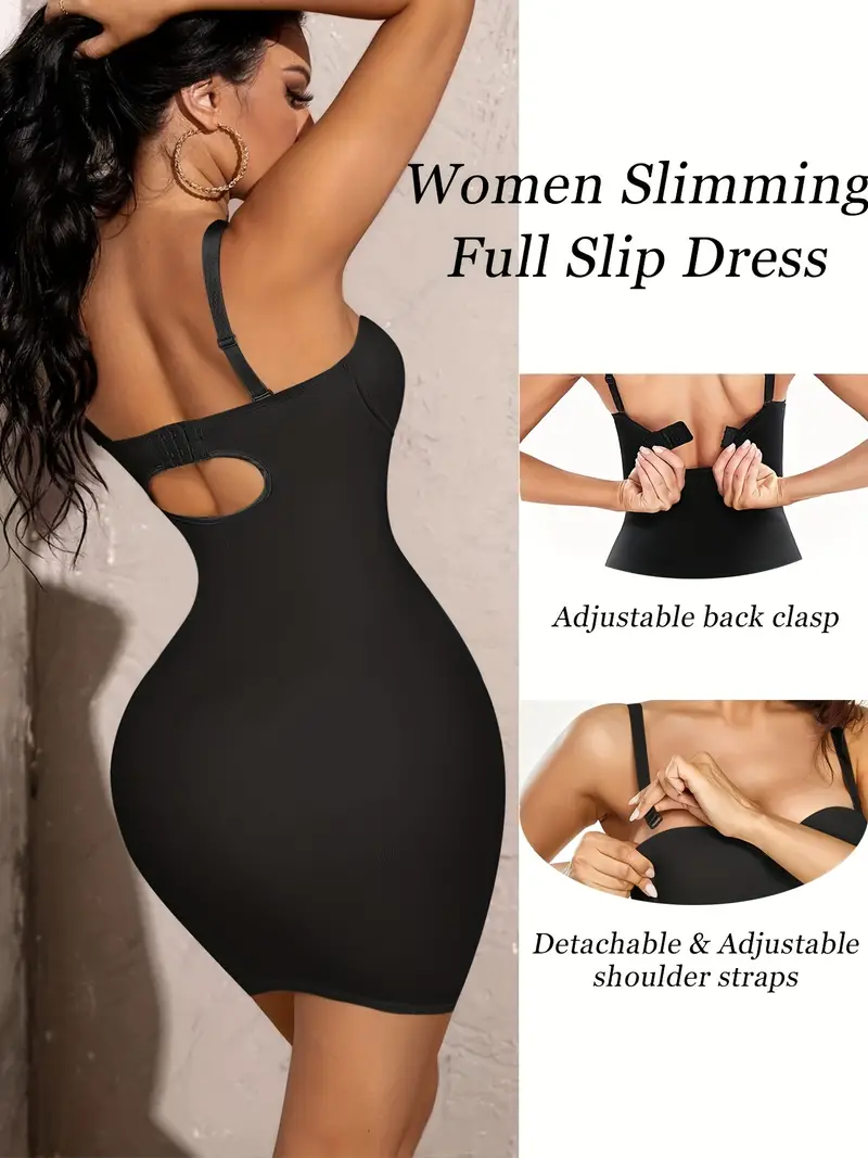 Seamless Full Slip Shapewear Slimming For Women Under Dresses, Plain Black  Detachable Strap Back Clasp Body Shaper Smooth Tummy Control Slips Body Sha