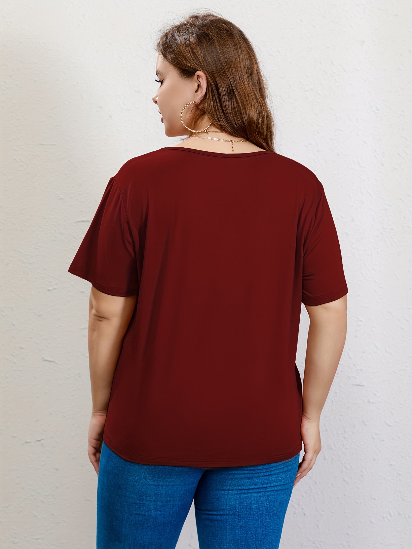 Plus Size Deep V Neck Short Sleeve Solid T shirt Women's - Temu