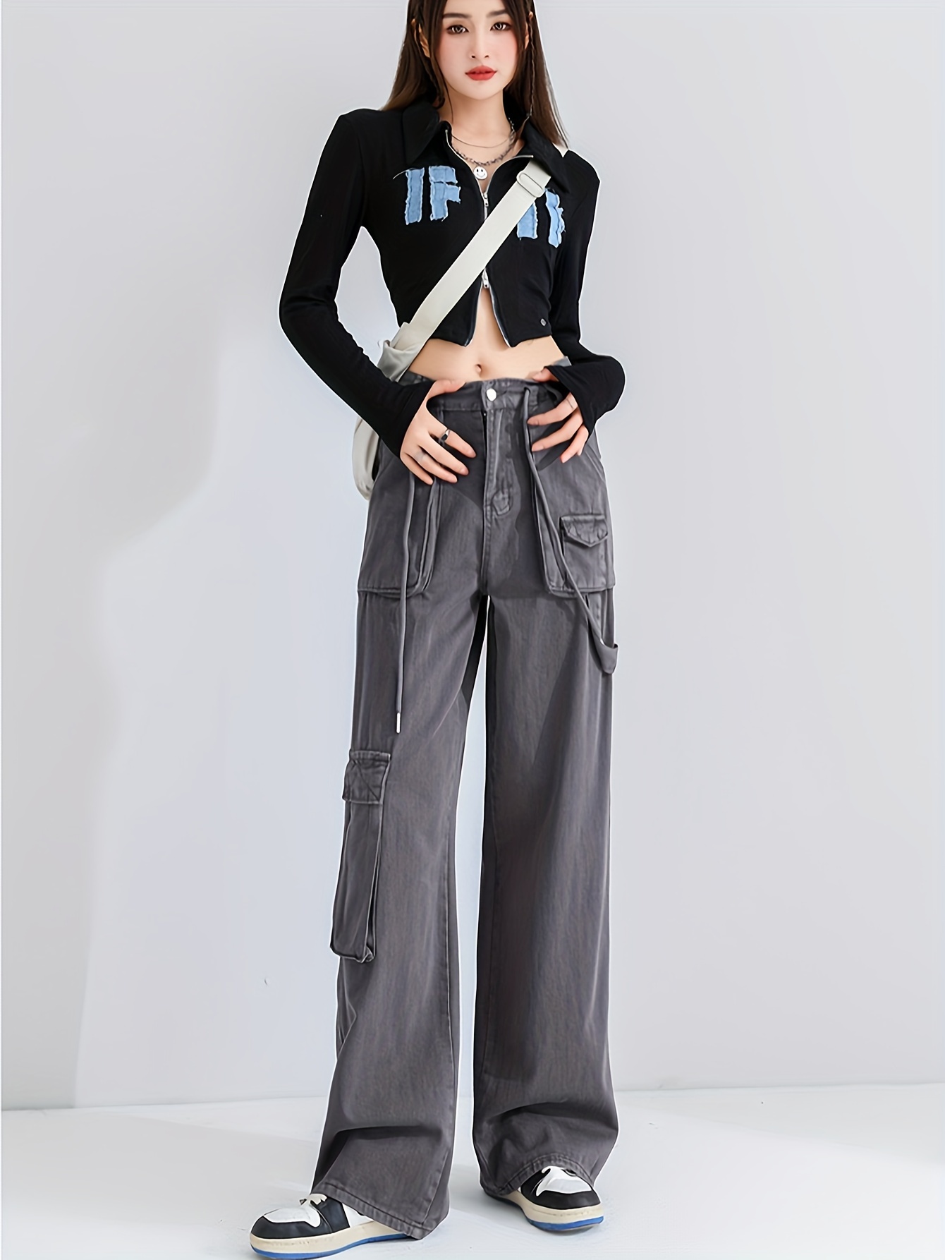 Blue Flap Pockets Cargo Pants, Loose Fit Straight Legs High Waist Carpenter  Jeans, Women's Denim Jeans & Clothing