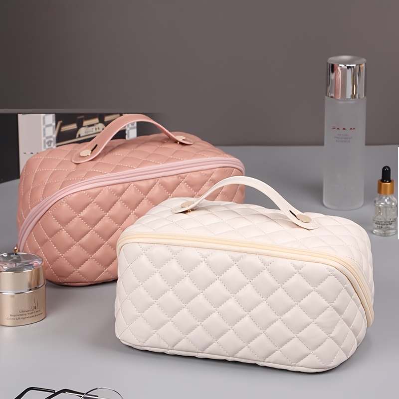 Travel Cosmetic Bag Plaid Checkered Makeup Bag Leather Waterproof Skincare  Bag With Handle And Divider