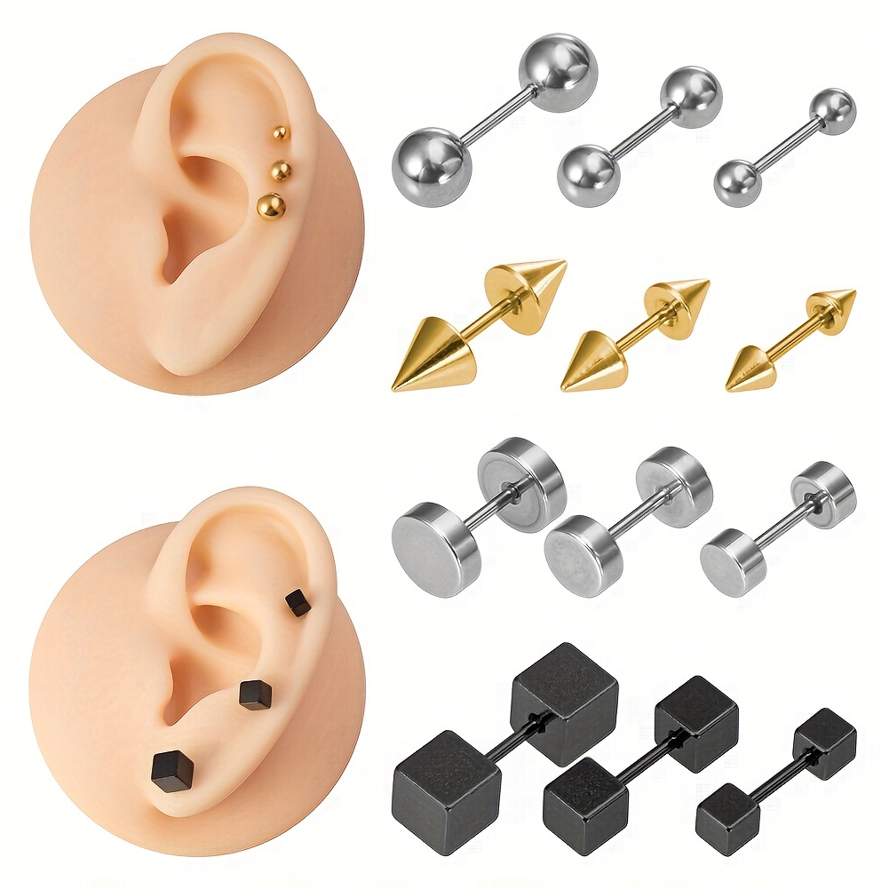 3pcs Pack Ear Bone Studs for Men, Ball Pointed Cone Round Cake Square