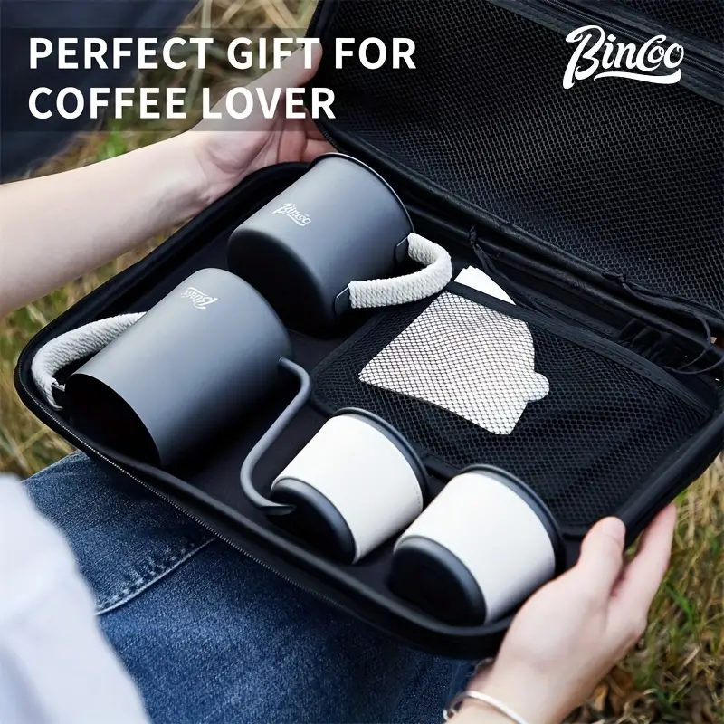 bincoo travel pour over coffee maker gift set all in 1 coffee accessories tools 304 stainless gooseneck kettle coffee mug v60 dripper filters server of coffee set with travel bag black details 2