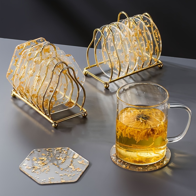  Glass Gold Coasters for Drinks with Holder, 6 Pcs Cup Coaster  Set with Carved Glass Stylish for Coffee Tea Wine Coasters for Bar with  Brass Edge Hexagon and Square Coasters Home