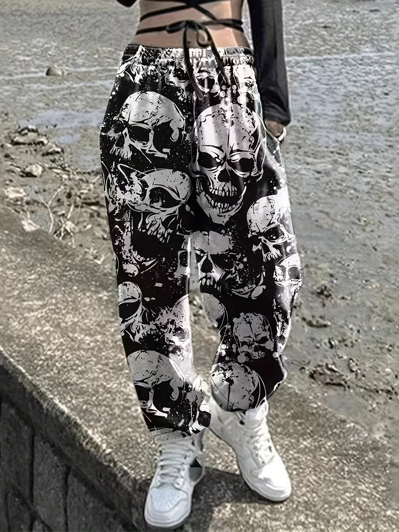 Skull Meme Print Creepy Halloween Elegant Flare Trousers Summer Printed  Streetwear Slim Fit Pants, Style-8, Small 