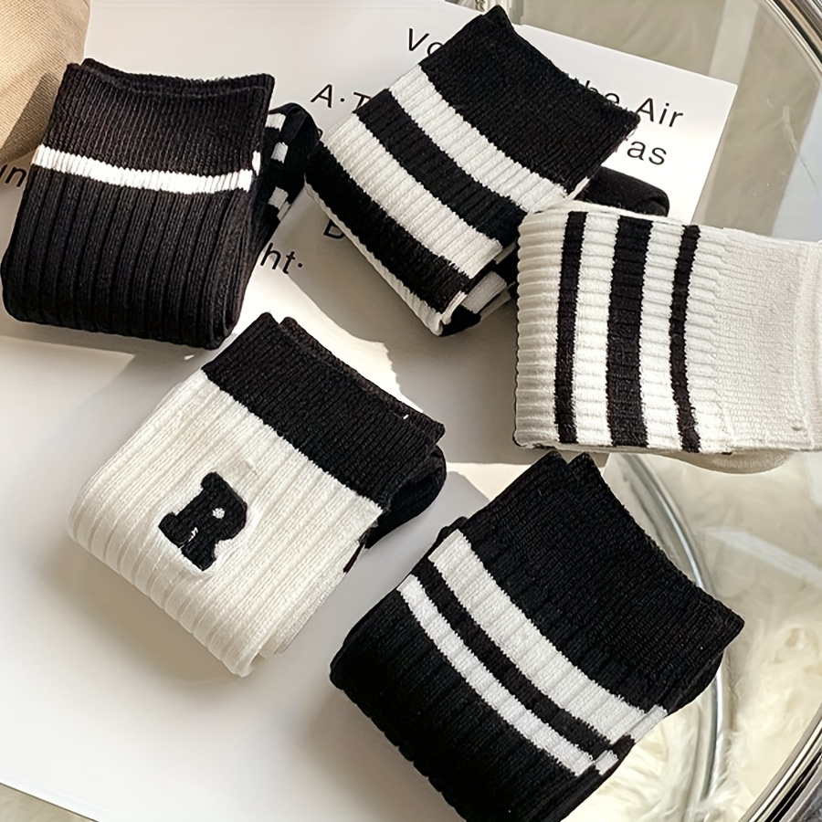 5 Pairs Black & White Unisex Socks, Trendy & Comfy Mid Tube Socks, Women's Stockings & Hosiery