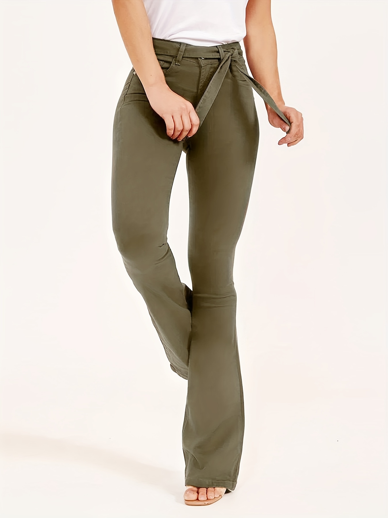 Tie Belt Olive Green Bootcut Jeans, High Stretch Mid Waist Solid Color Bell  Bottoms Flare Vintage Y2K Denim Pants, Women's Denim Jeans & Clothing