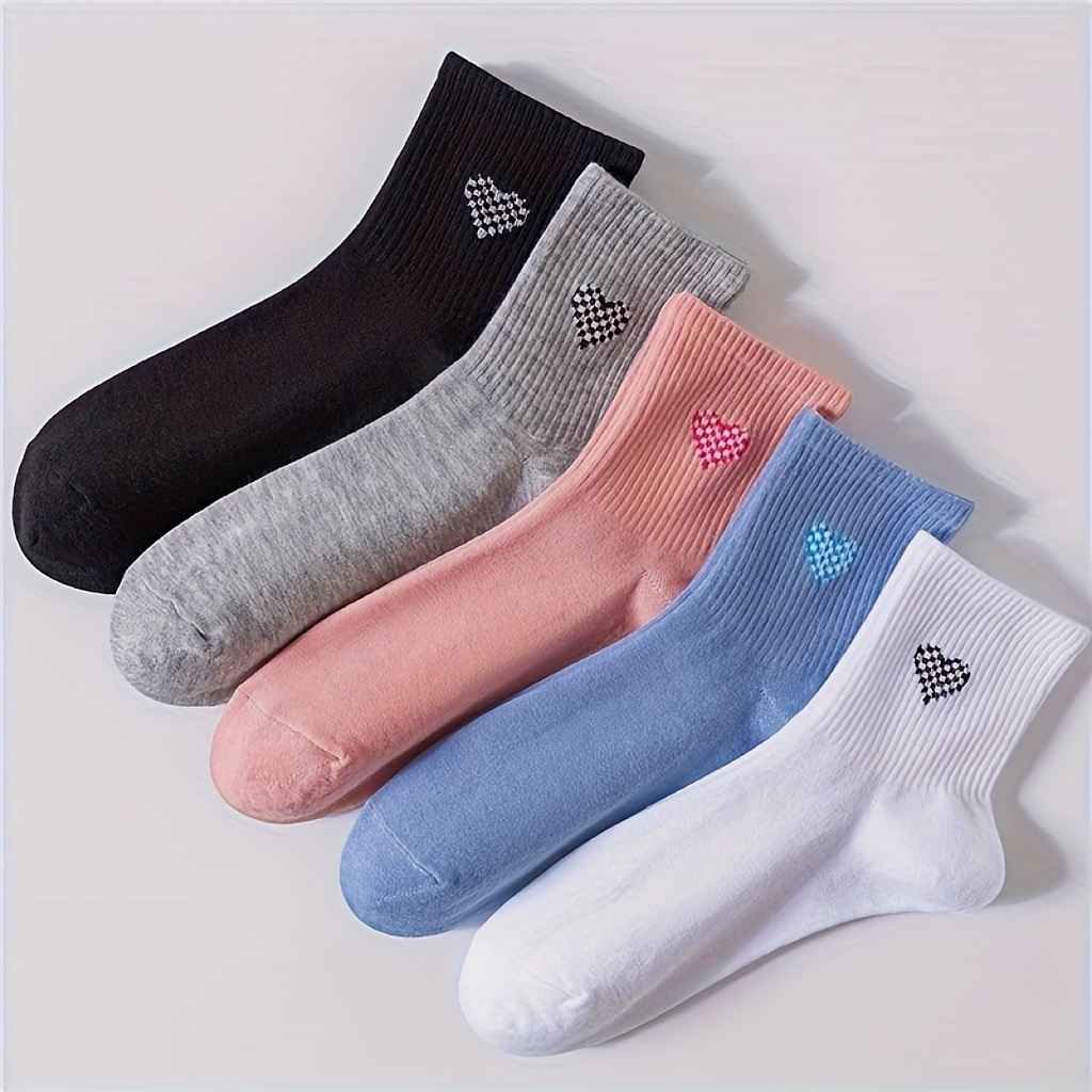 5 Pairs Heart Print Socks, Comfy & Breathable Mid Tube Socks, Women's Stockings & Hosiery