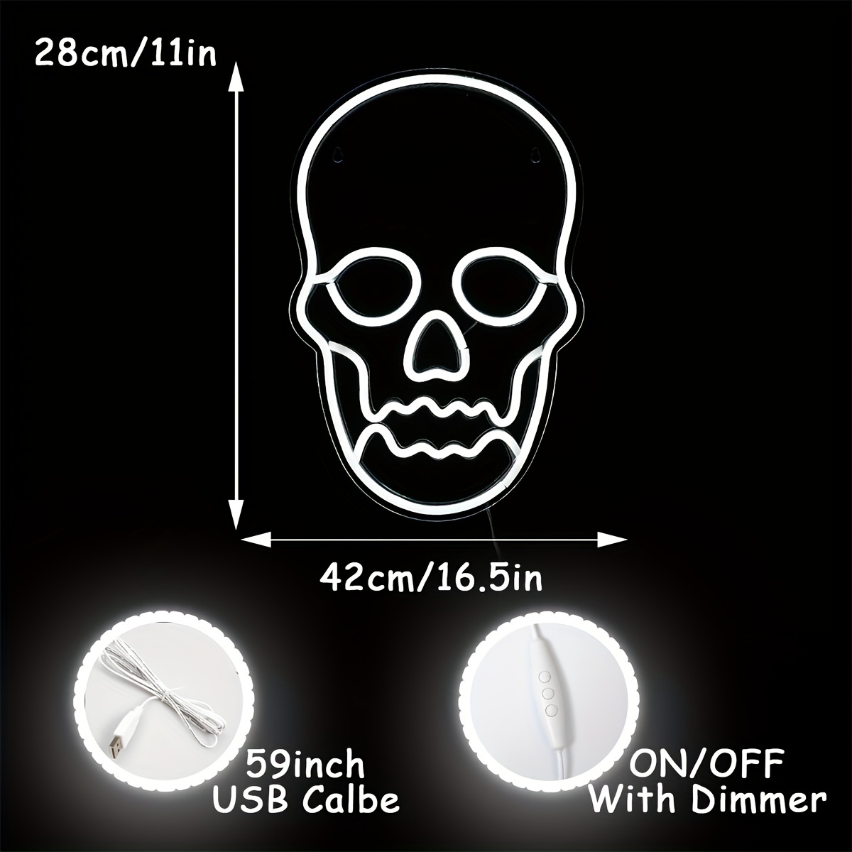 1pc Skull Neon White Skull Decoration, 16.54inch*11.02inch USB Powered,  Cool LED Neon Signs, For Bedroom, Game Room, Men's Private Space, Parties,  Mul