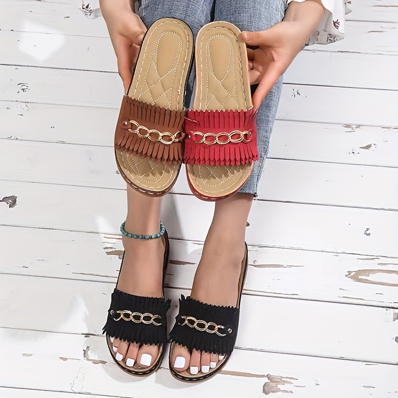 Women's Metal Chain Decor Flat Slippers, Fashion Open Toe Non Slip Patent  Leather Slides Shoes, Casual Outdoor Slippers - Temu United Arab Emirates