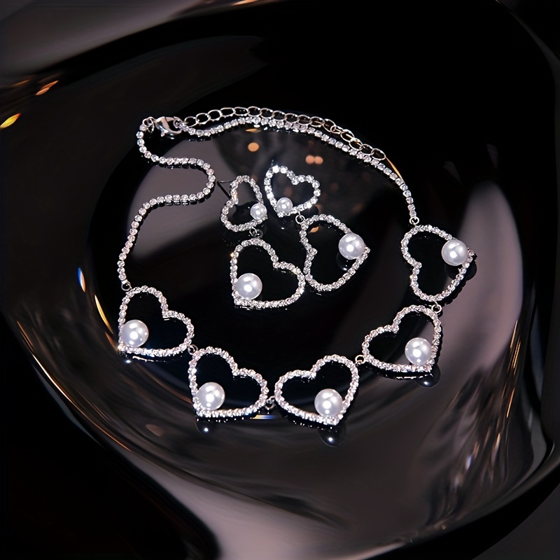 Heart Shape Faux Pearls Jewelry Set With Pendant Necklace & Drop Earrings  Inlaid Shiny Rhinestones Elegant Jewelry Set