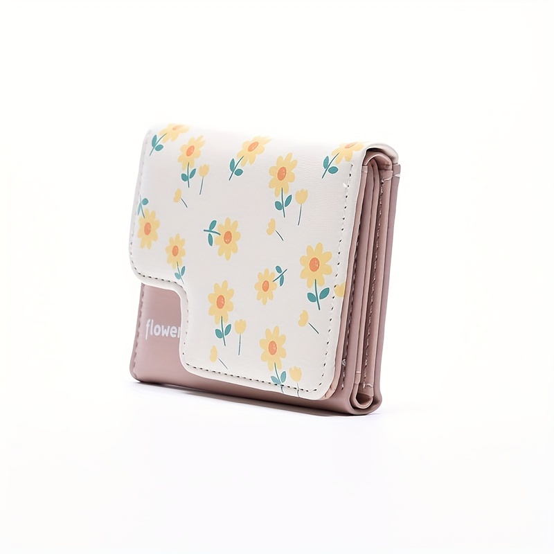 Cute Small Wallet, Women's Trifold Wallet, Flower Print Card Holder With Id  Window & Cash Pocket - Temu