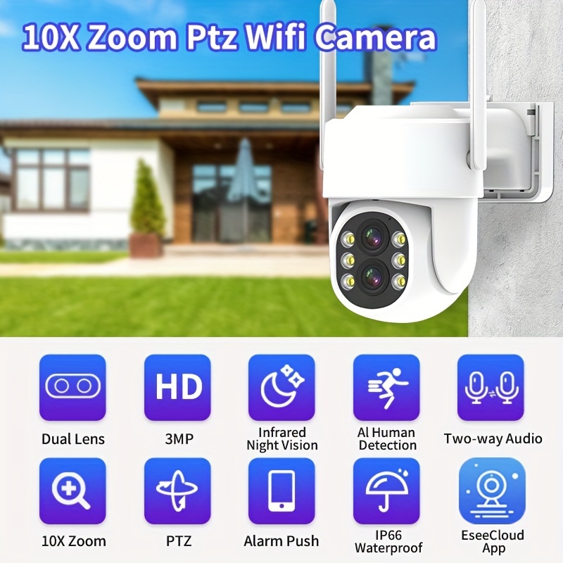 Camera de Surveillance Exterieur, Double Objectif, Zoom Hybride 5X