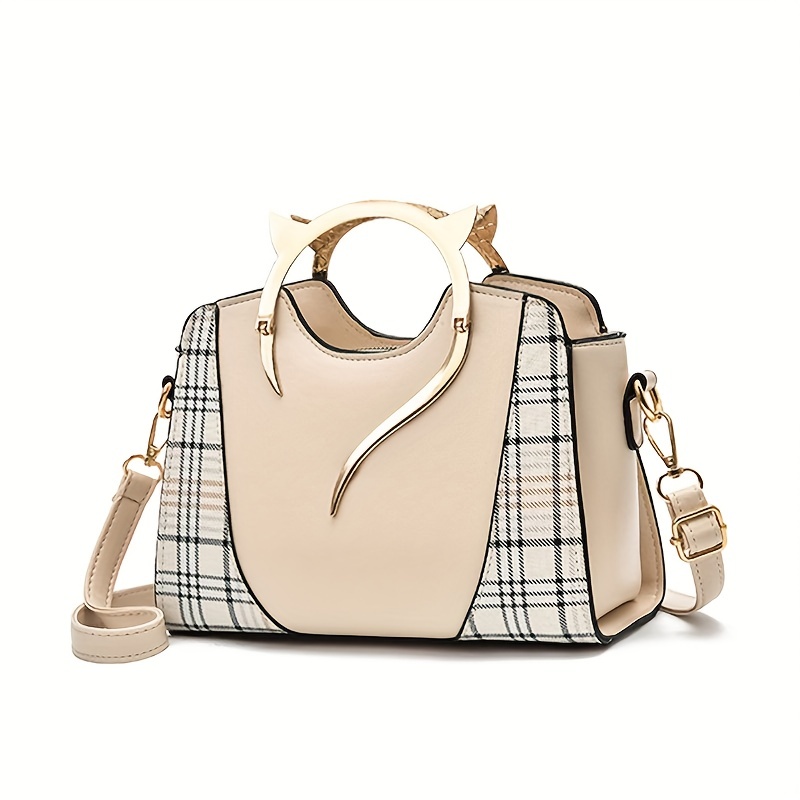 Elegant Tote Satchel Bag, Classic Plaid Pattern Shoulder Bag