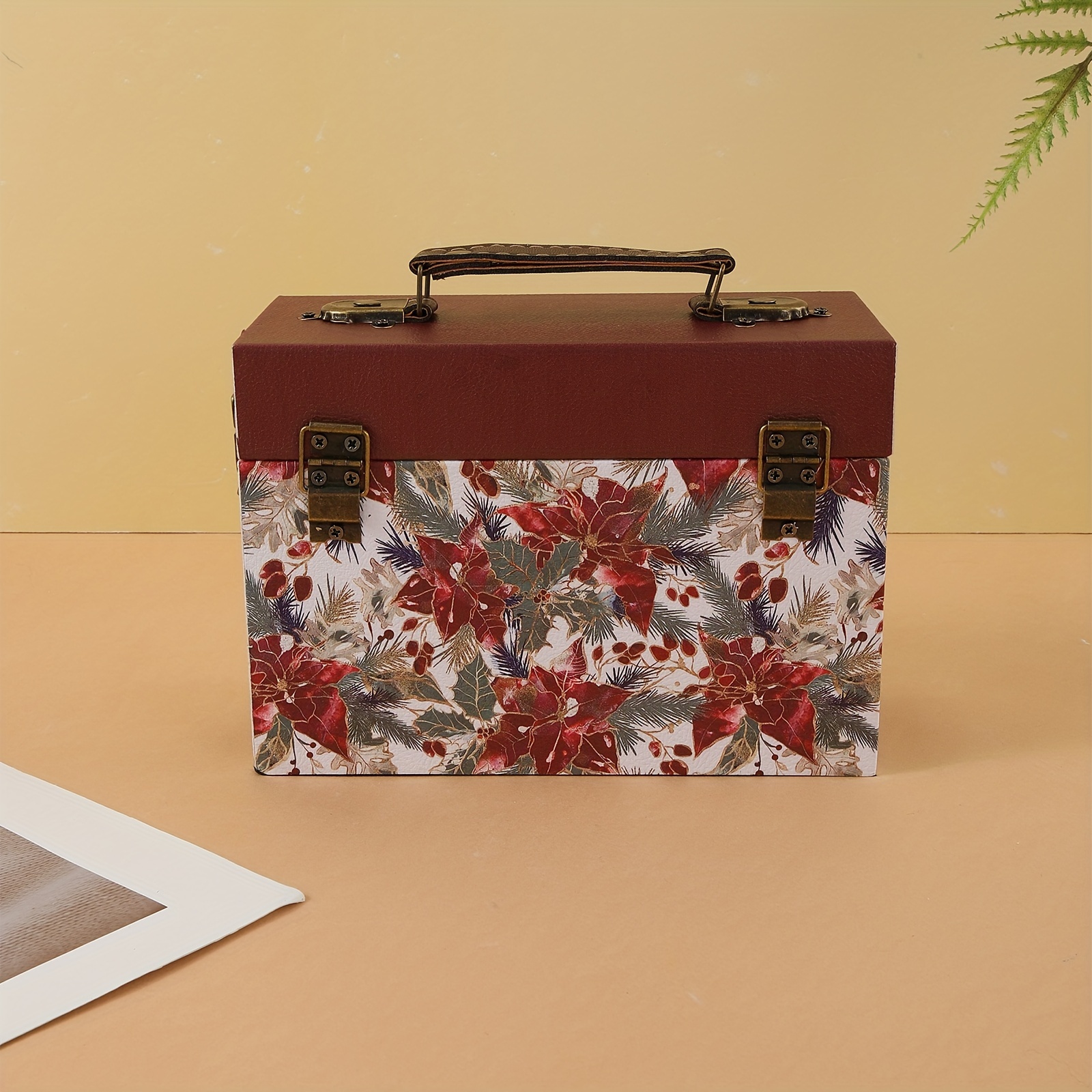 1pc Wooden PU Flower Pattern Organizer, Portable Flip Storage Box, Vintage  Rectangular Storage Case With Handle & Metal Buckle, Unique Desktop Decorat