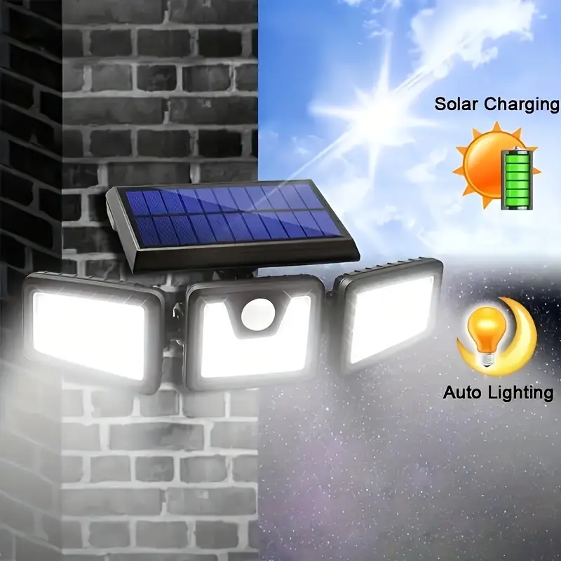 1 Paquete de 2 luces solares de pared de tres cabezales, lámpara de pared grande, impermeable, multifuncional, para exteriores, luz solar para jardín, luz de pared con sensor corporal, luz de calle solar LED, luz de jardín, detalles 1