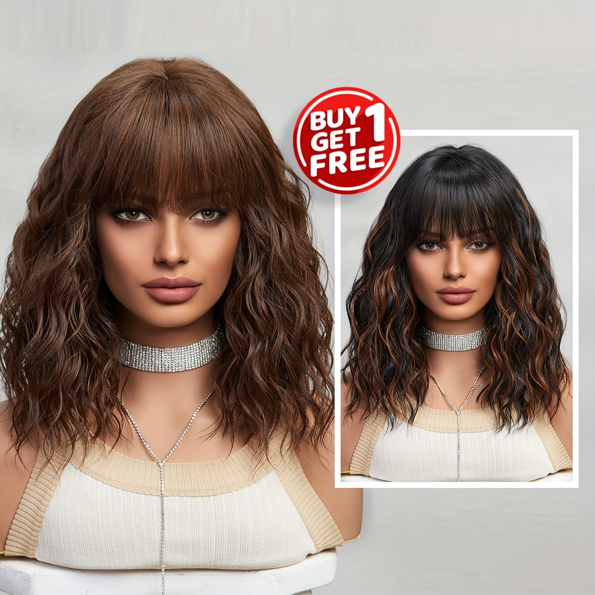 Kurze Gewellte Bob Perücke Schwarz - Synthetische Perücke Mit Pony 35cm