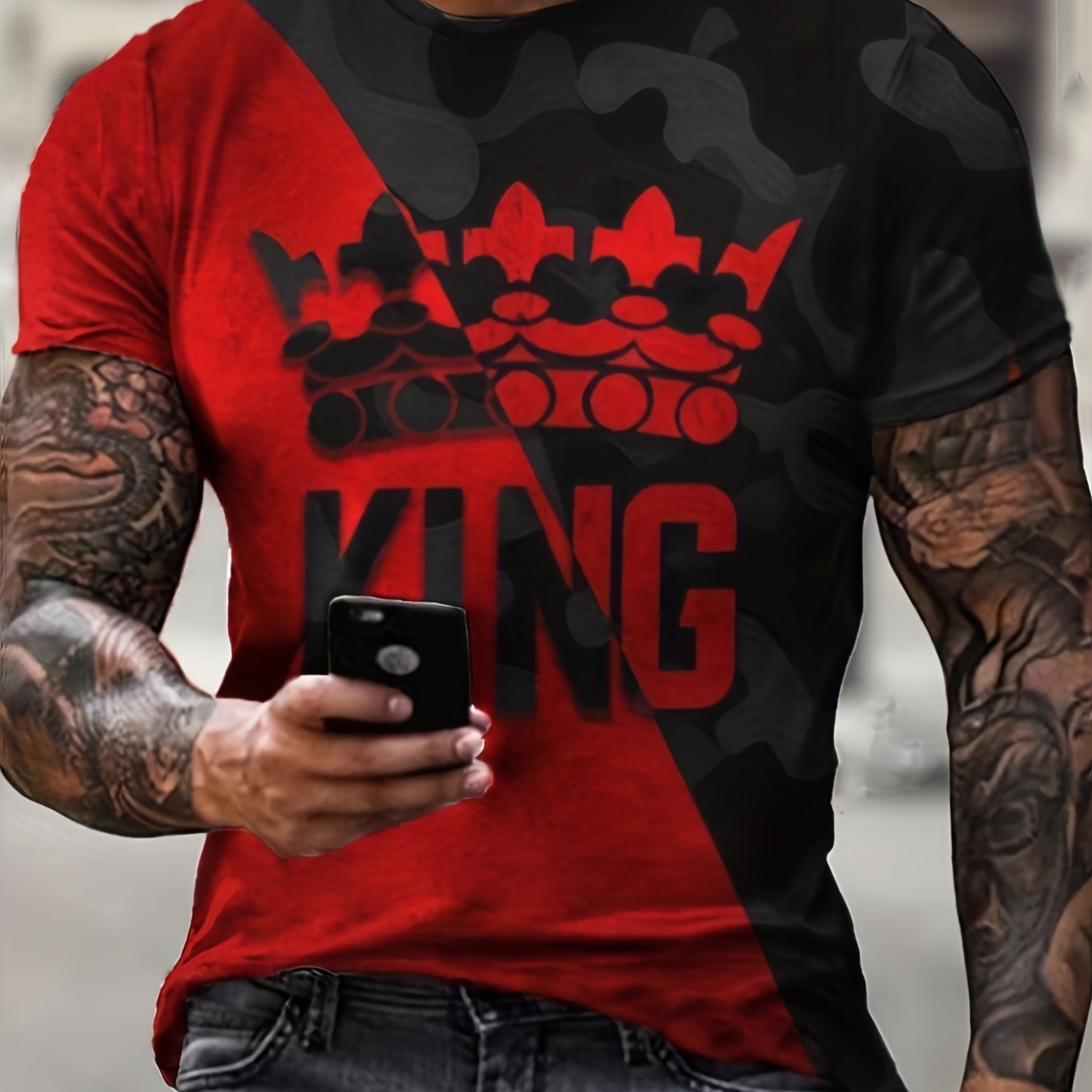 

Crown & Letter King 3d Digital Pattern Print Color Block Graphic T-shirts, Causal Tees, Short Sleeves Comfortable Pullover Tops, Men's Summer Clothing