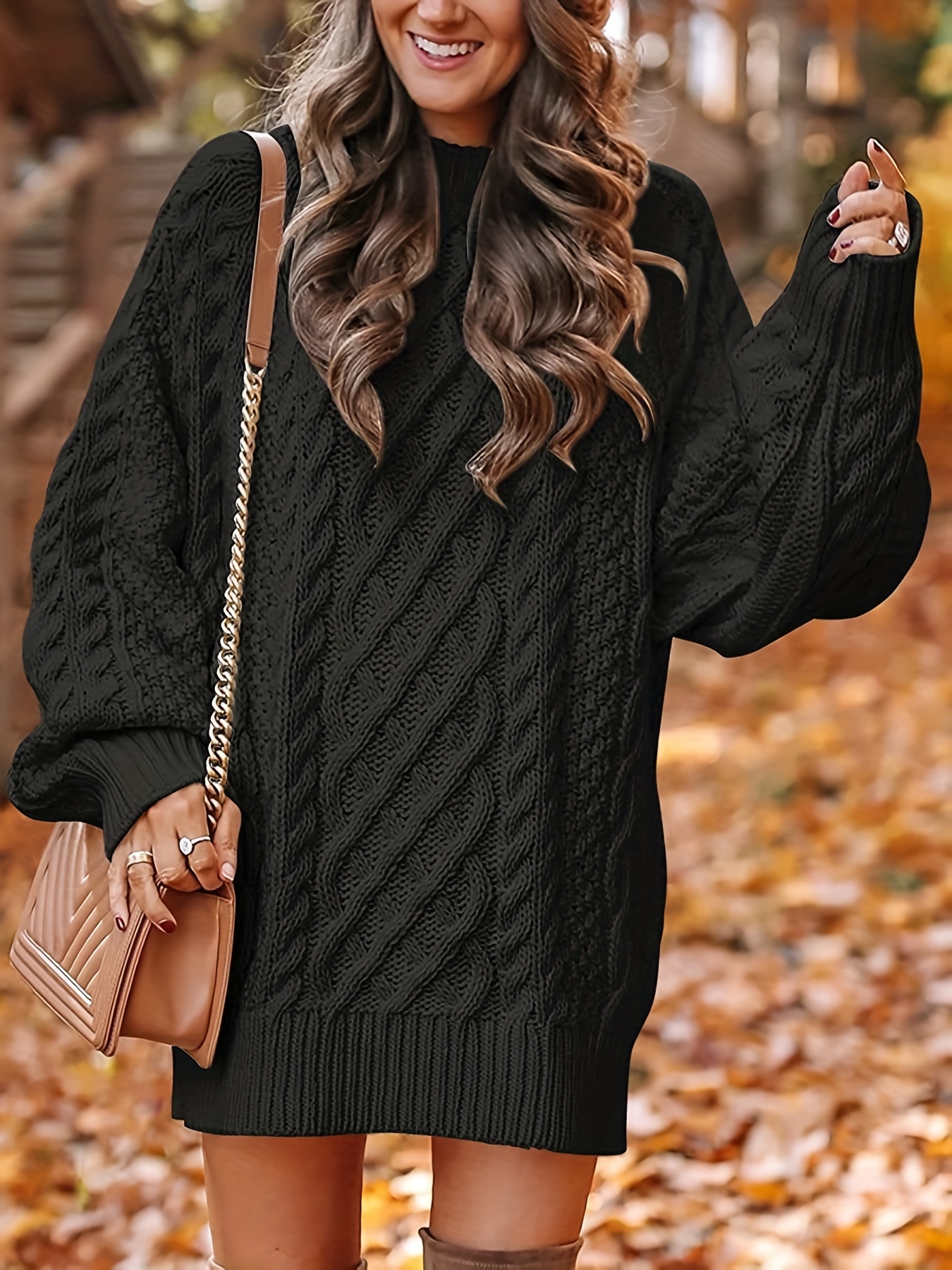 Cable Knit Sweater Dress Casual Solid Long Sleeve Dress - Temu Canada