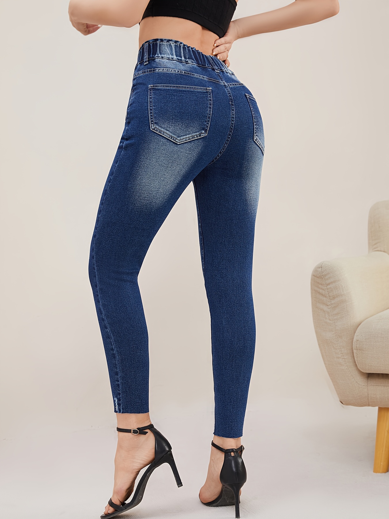 double buttons elastic waist skinny jeans high stretch fashion fitted denim pants with pocket womens denim jeans clothing