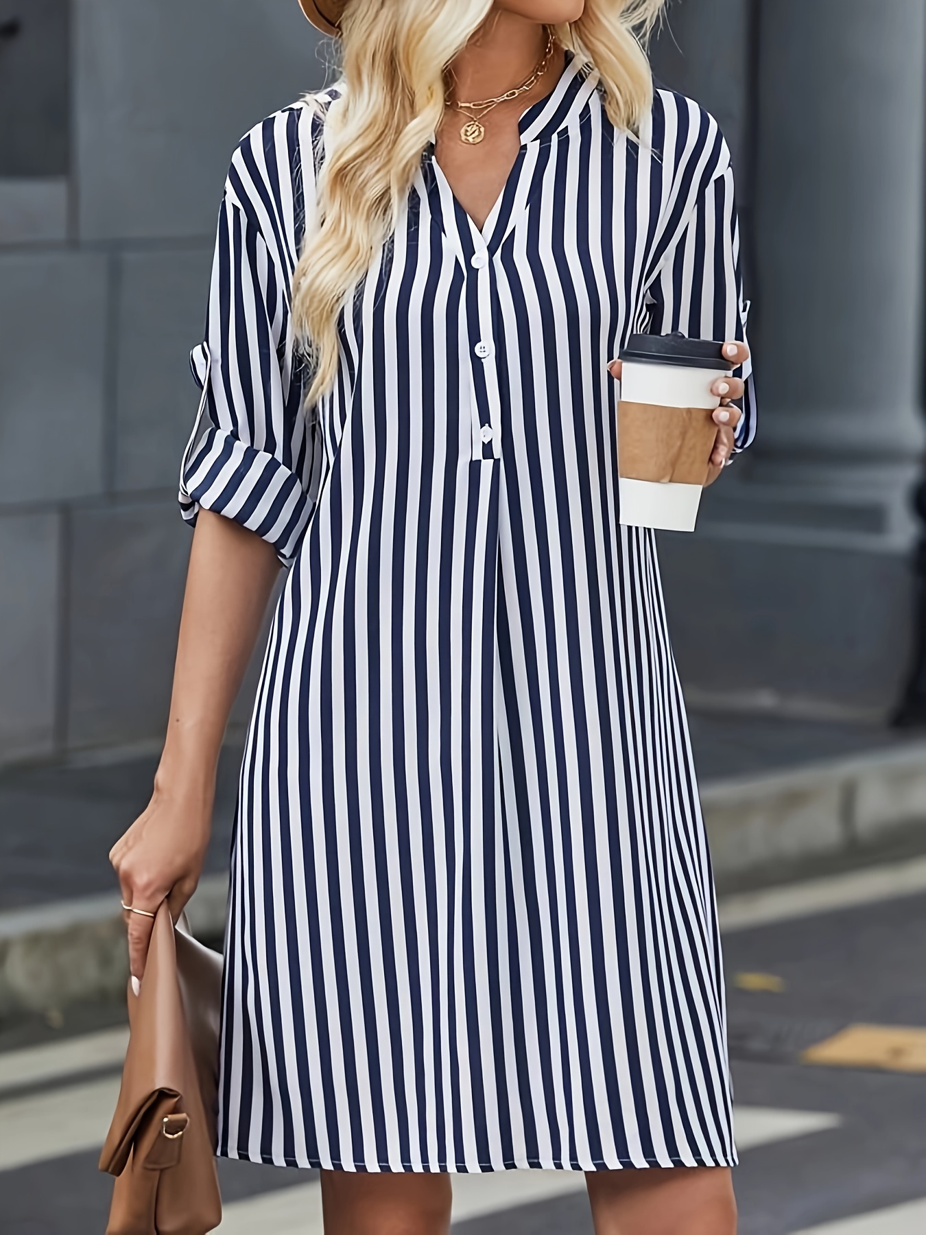 striped print notched neck dress casual long sleeve button front dress for spring fall womens clothing details 0