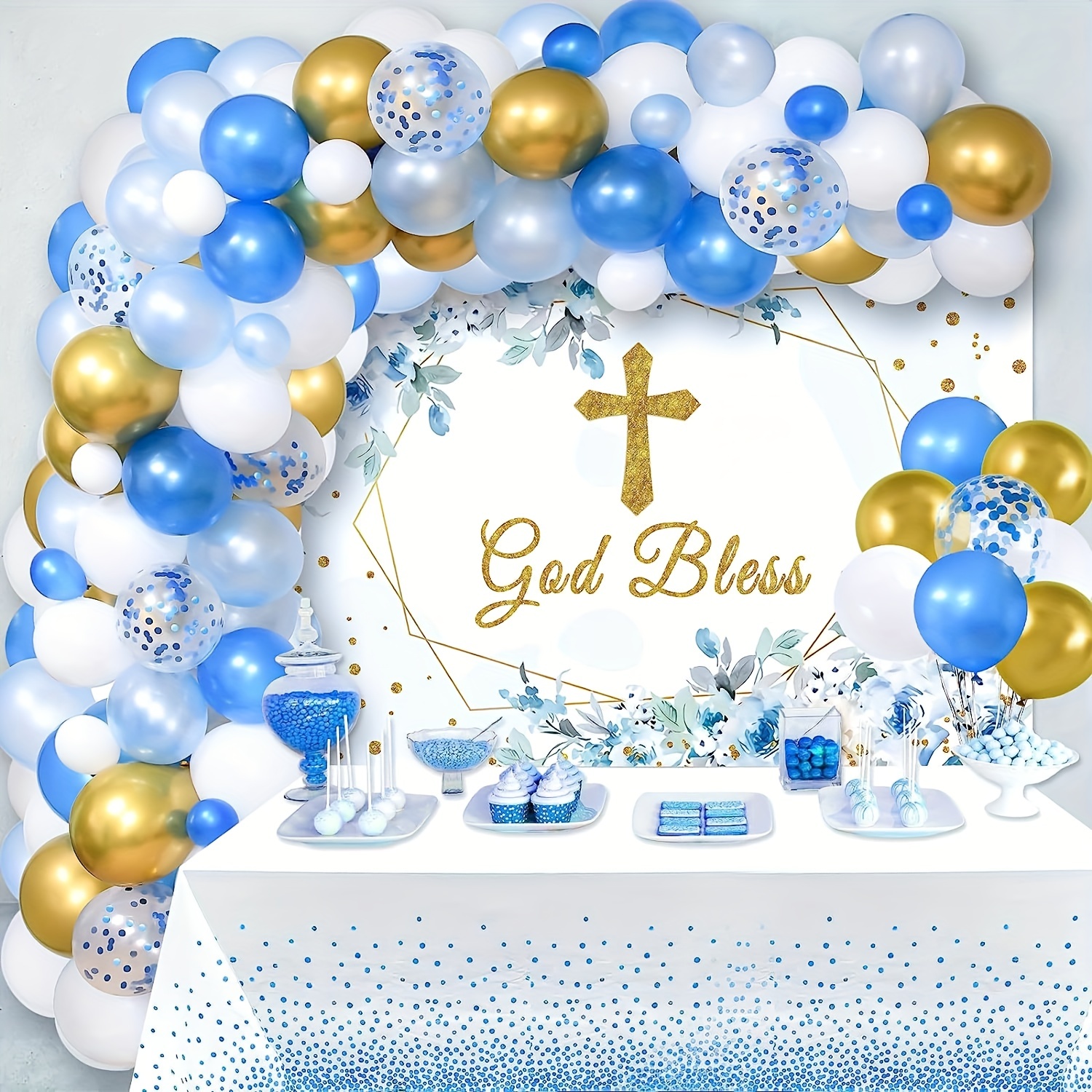 Decoraciones de fiesta de bautismo, decoración de primera comunión blanca y  dorada para niños y niñas, kit de guirnalda de globos con fondo de madera