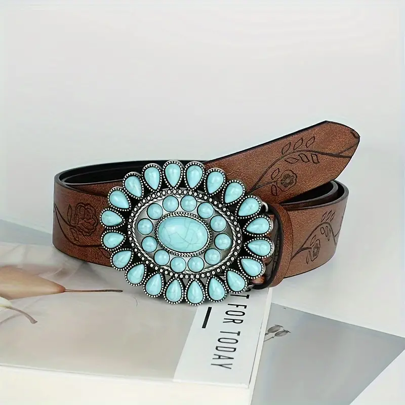 Boho Oval Turquoise Buckle Belts Vintage Brown Embossed PU Leather  Waistband Classic Western Belt For Women Girls