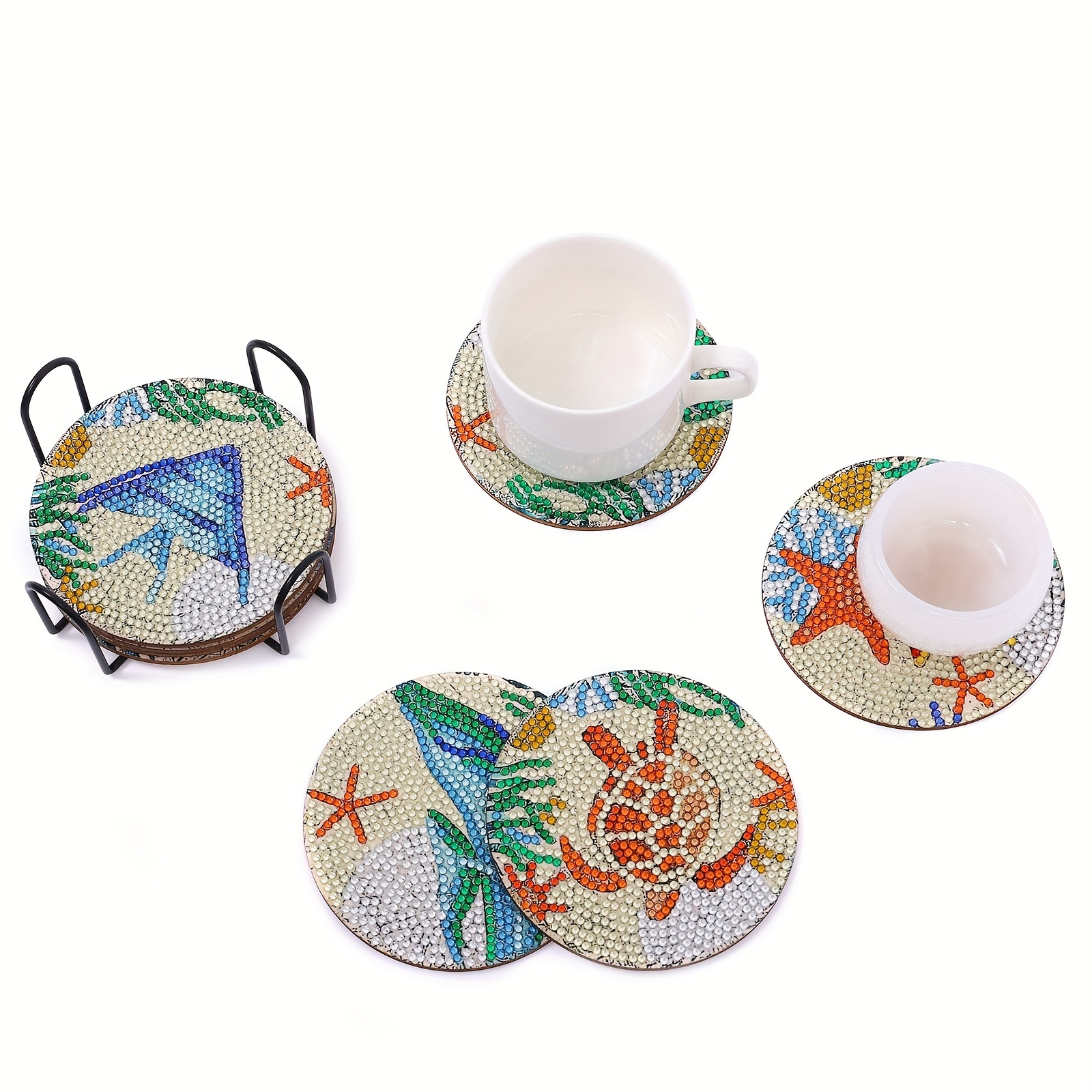 Coasters with Holder,8Pcs 5D Ocean Diamond Art Kits for Adults Kids,Small  DIY Kits 