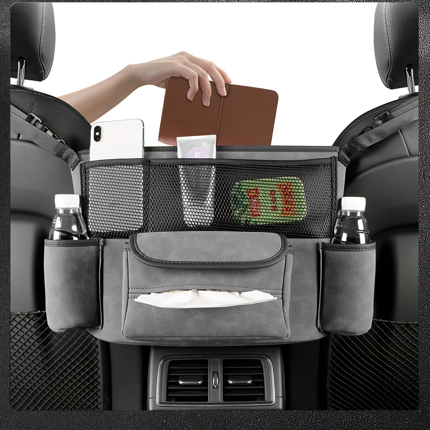 Qirc Support de sac à main de voiture entre les sièges, sac de rangement en  daim de grande capacité pour sac à main, support de sac à main en maille