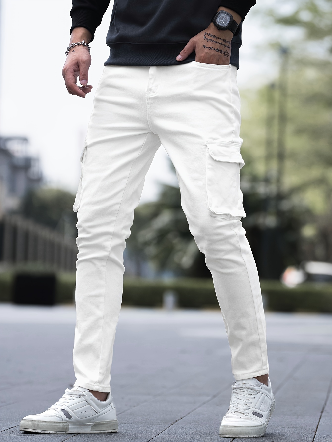 Multi Pocket Cotton Jeans Men's Casual Solid Color - Temu