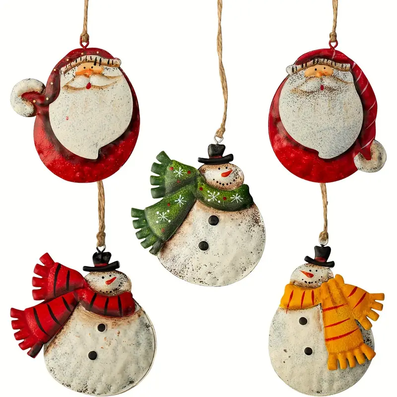 5pcs rustic metal double sided christmas tree ornaments tin santa snowman ornaments christmas hanging ornaments christmas holiday ornaments details 1