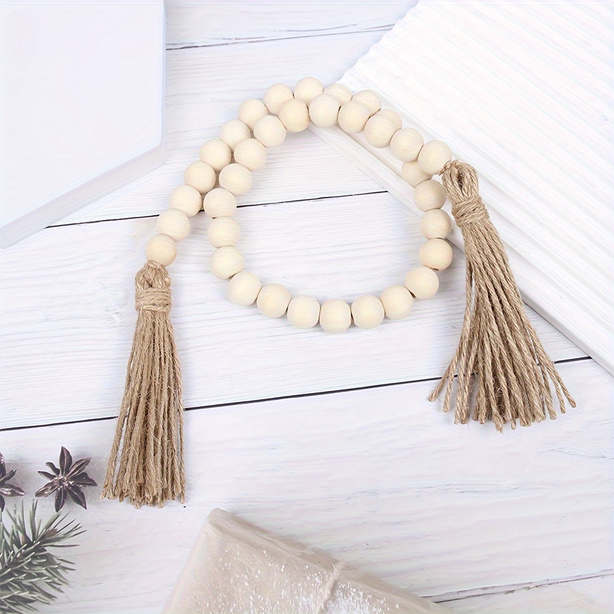 1pc Boho Wood Beads, Tassel String Hemp Rope Home Decor Wood Beads,  Handmade Garland Farmhouse Ornament