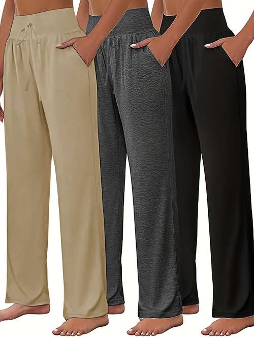 3 Packs Plus Size Solid Straight Leg Pants, Casual Drawstring Elastic Waist Pants, Women's Plus Size Clothing