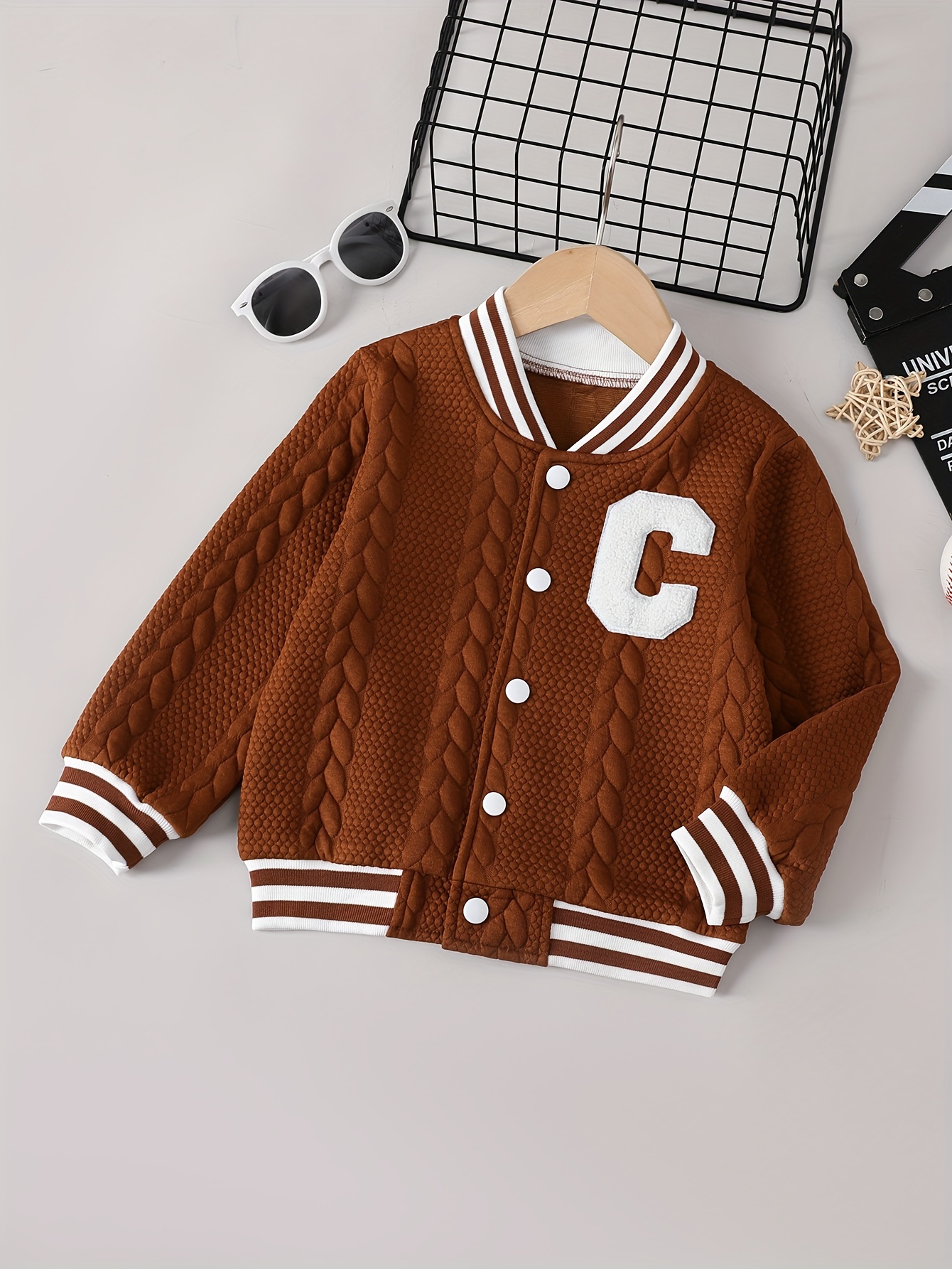 100% Mama's Mini Print Varsity Jacket For Kids, Preppy Style Bomber Jacket,  Button Front Long Sleeve Coat, Boy's Clothes For Spring Fall Outdoor - Temu