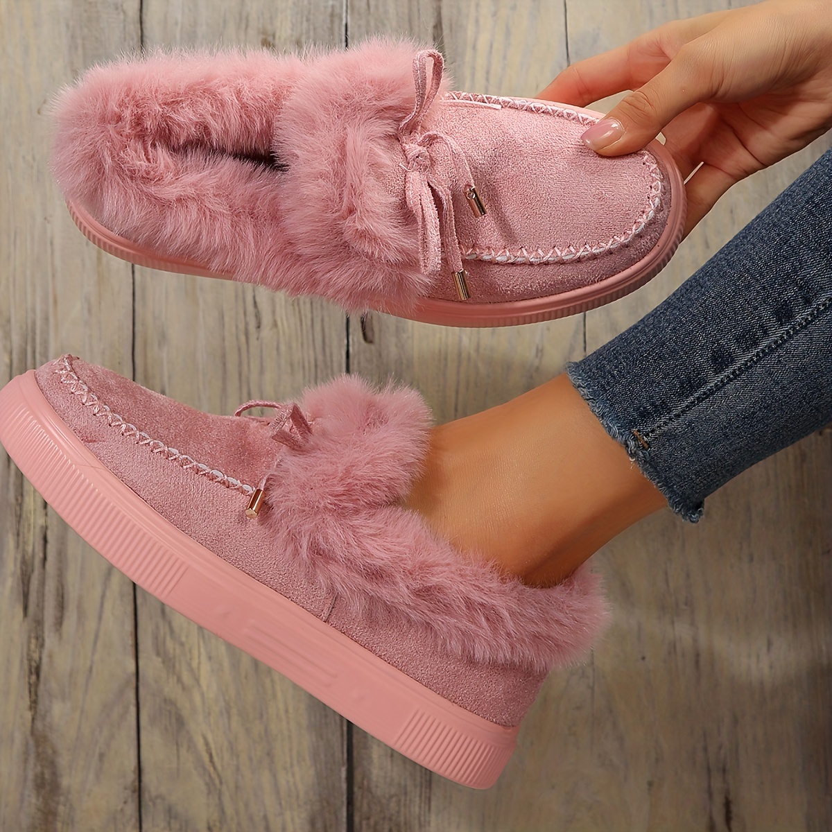 Women s Fluffy Fleece Lining Snow Boots Solid Color Bowknot Slip On Ankle Boots Cozy Winter Warm Flat Boots details 8