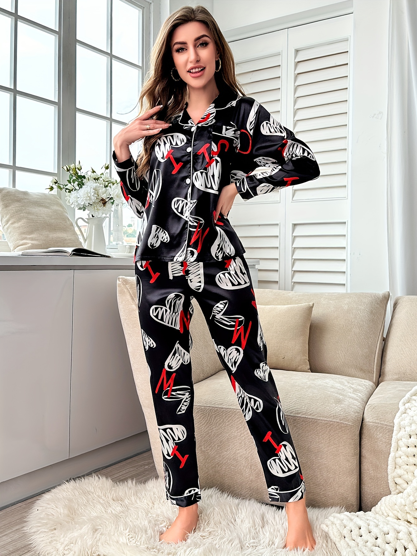 Heart & Plaid Print Pajama Set, Long Sleeve Crew Neck Top & Elastic  Waistband Pants, Women's Sleepwear & Loungewear