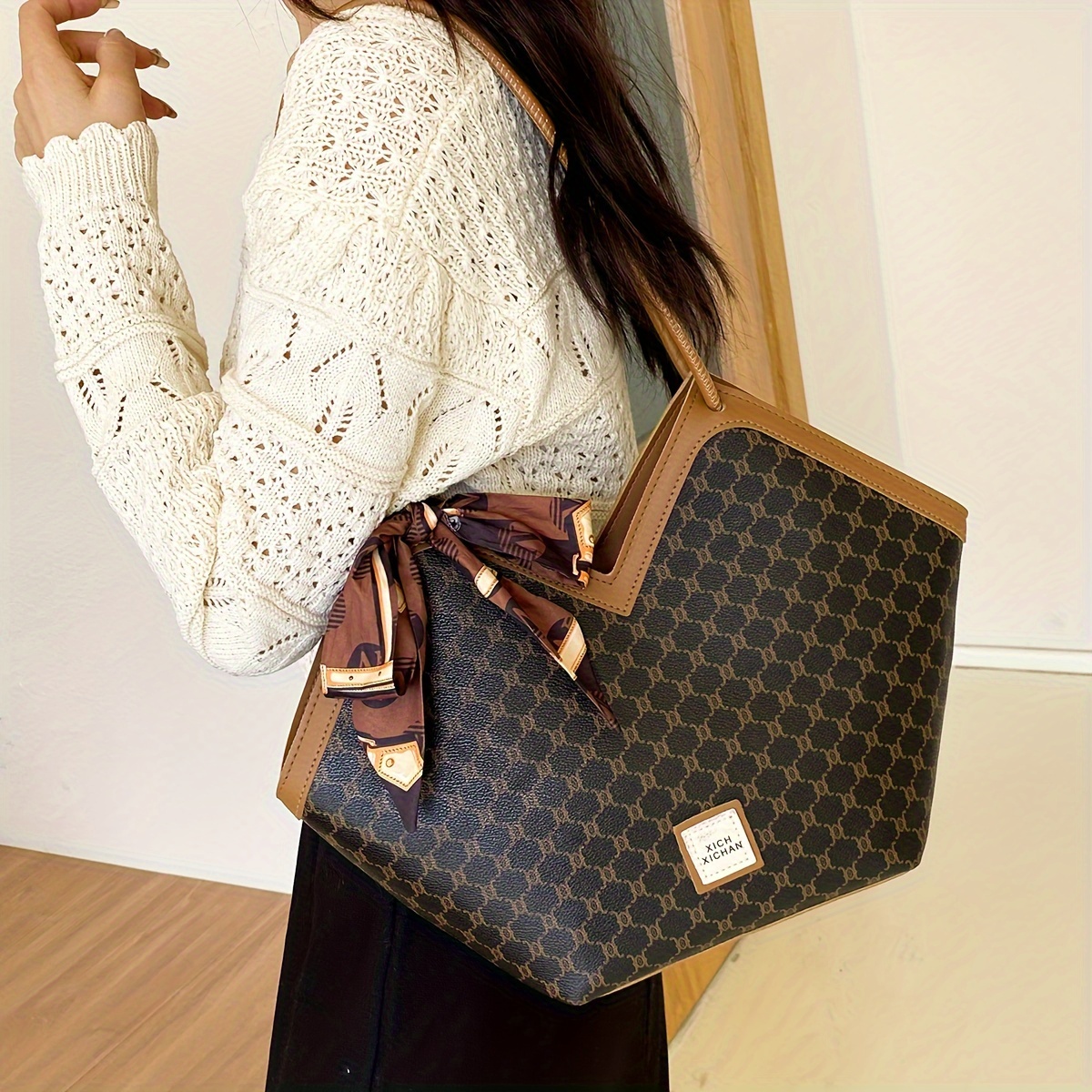 

Trendy Geometric Pattern Shoulder Bag, Classic Stitching Tote Bag With Scarf Decor