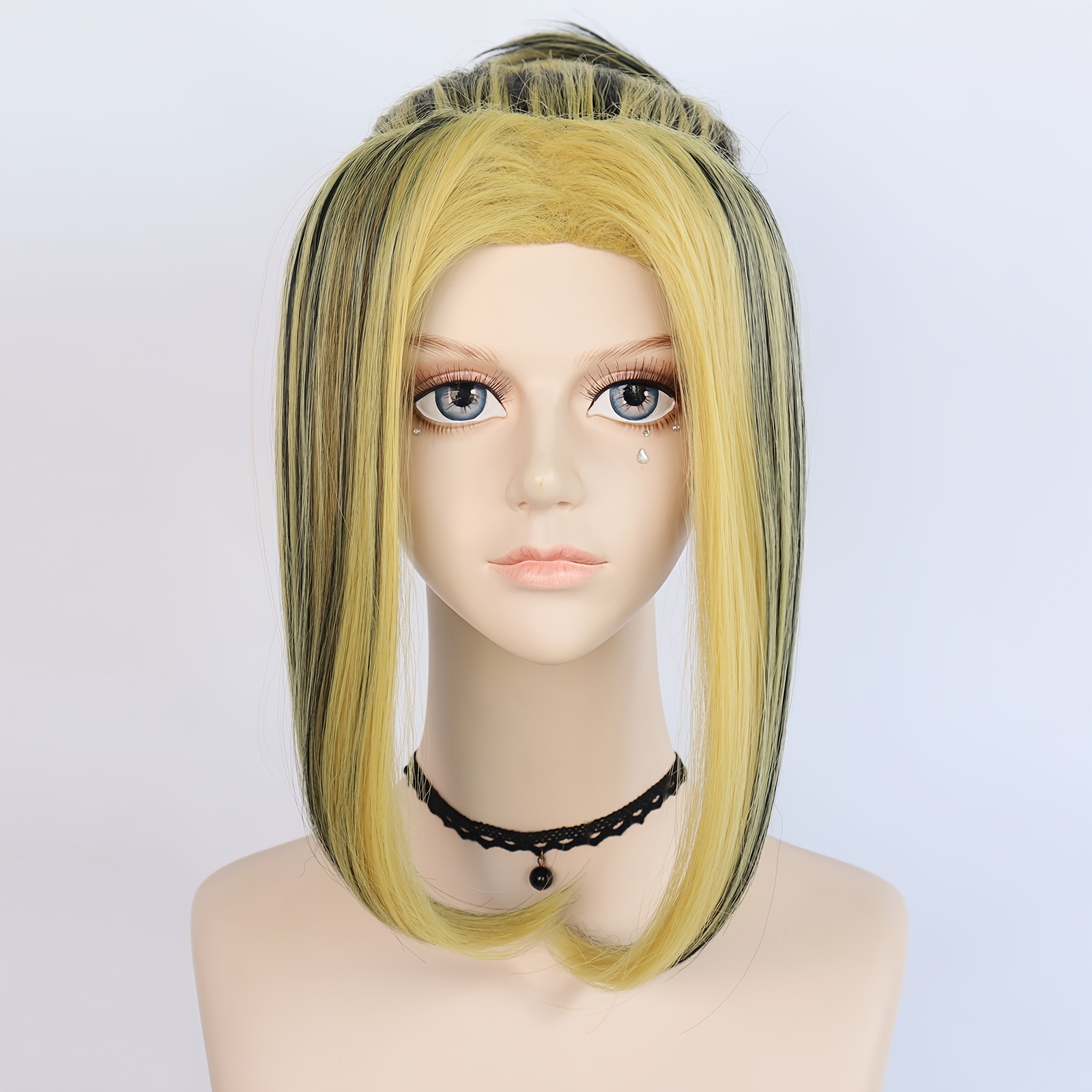 Short Straight Yellow Mixed Black Bun Wig Bangs Anime Temu